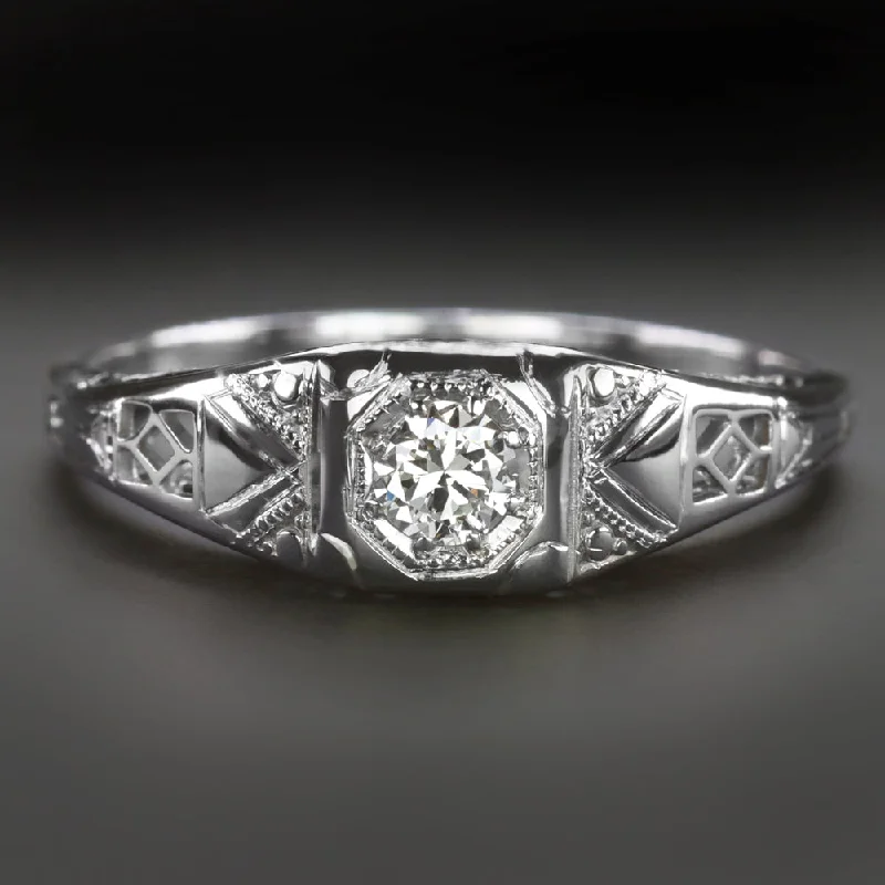 platinum diamond engagement rings -ART DECO DIAMOND RING G-H VS 18k WHITE GOLD FILIGREE OLD EUROPEAN CUT NATURAL