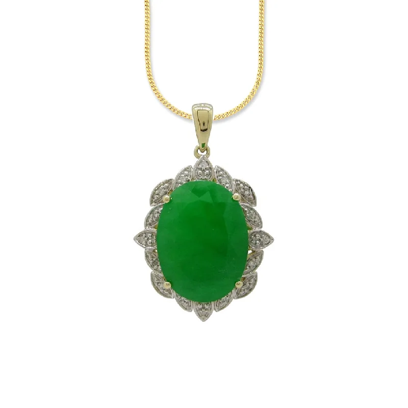 simple necklaces for women -9ct Yellow Gold Oval Green Jade & Diamond Pendant