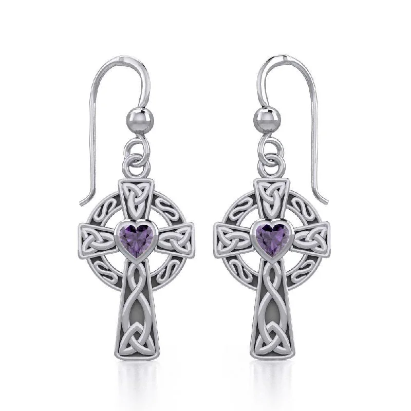 silver stud earrings for women -Celtic Cross Sterling Silver Earrings with Heart Gemstone TER1833