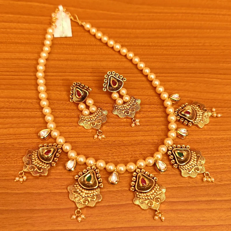 wedding necklaces for women -MULTICOLOUR ANTIQUE KUNDAN & PEARL ELEGANT NECKLACE SET