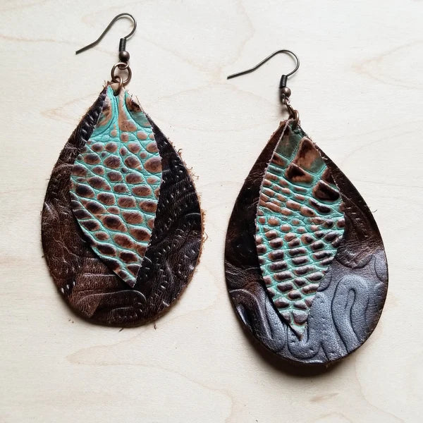 silver dangle earrings for women -Leather Teardrop Earring-Brown & Turquoise Gator Accents