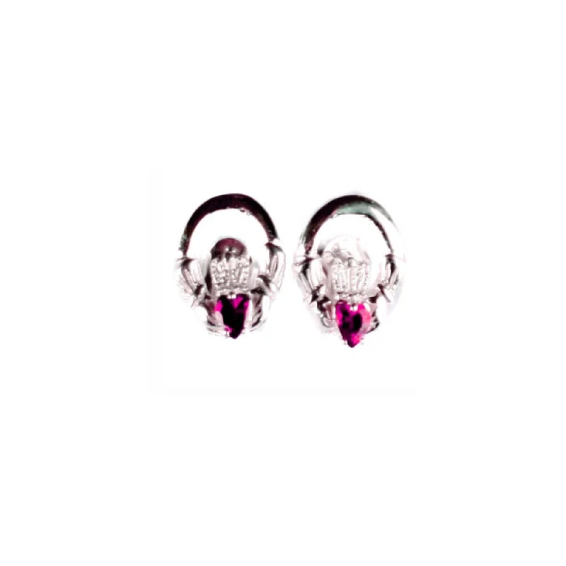 vintage earrings for women -Ruby Stone Claddagh Earrings - Sterling Silver