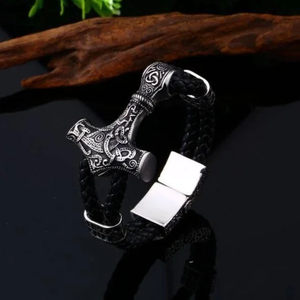 colorful bangles for women -Thor's Hammer Leather Bracelet - Stainless Steel