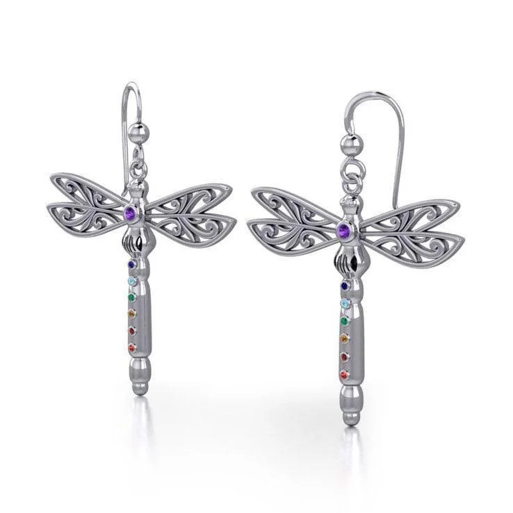 fashion-forward earrings for women -Spiritual Dragonfly Silver Earrings with Chakra Gemstone TER1693