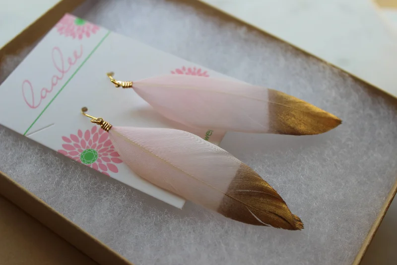 drop earrings for women -Gold Dipped Light Pink Feather Earrings