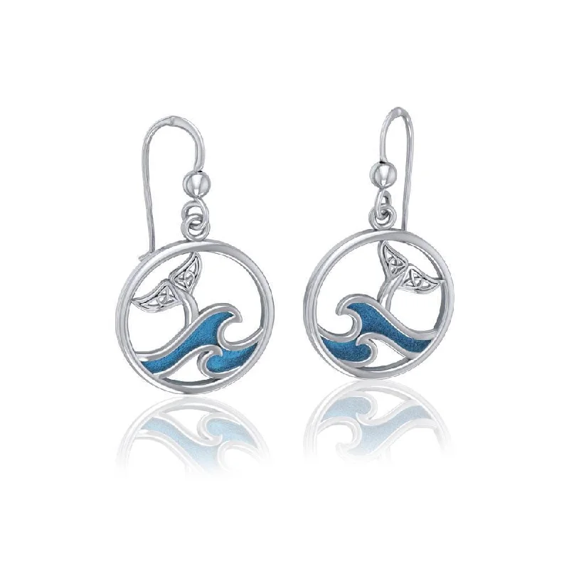 artistic earrings for women -Sterling Silver Round Celtic Whale Tail Earrings with Enamel  Wave TER1727