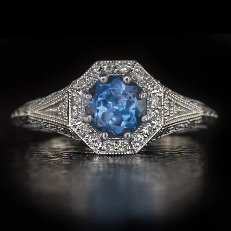 halo engagement rings for women -LONDON BLUE TOPAZ DIAMOND RING VINTAGE STYLE HALO WHITE GOLD COCKTAIL PROMISE