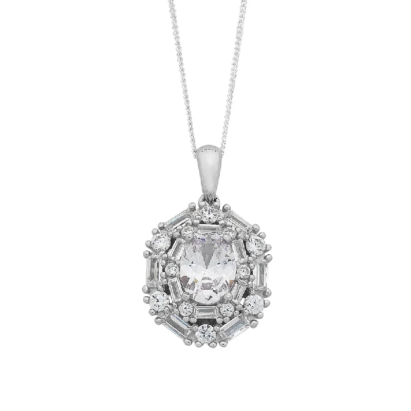 delicate crystal necklaces for women -Sterling Silver Cubic Zirconia Baguette and Brilliant Halo Necklace