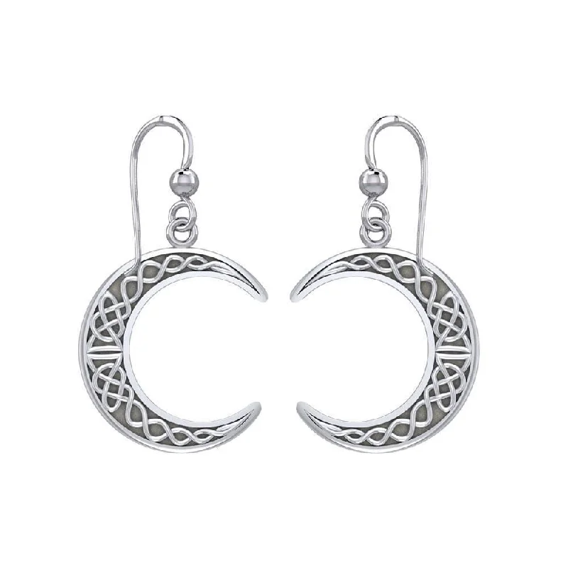 layered earrings for women -Large Celtic Crescent Moon Silver Earrings TER1879