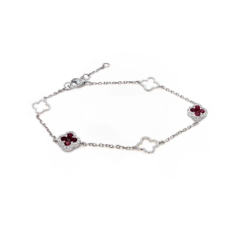 boho bangles for women -9K White Gold Diamond & Ruby Quatrefoil Bracelet 6.5’’-7.5"