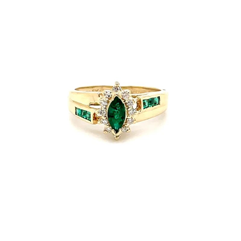 pear cut engagement rings for women -ESTATE 14K YELLOW GOLD EMERALD AND DIAMOND RING 