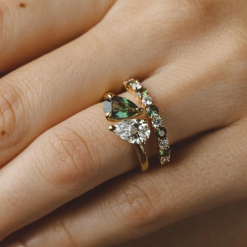 engagement rings for non-traditional brides -Lara Toi et Moi Pear Green Sapphire and Lab Diamond Ring