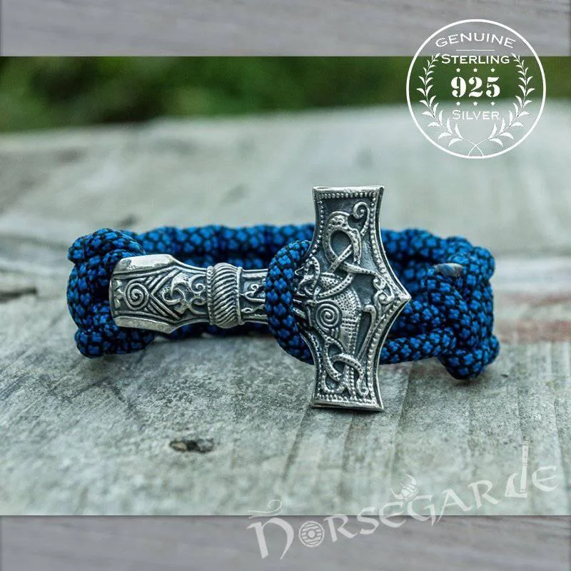 dainty bracelets for women -Handcrafted River Paracord Bracelet with Large Mjölnir - Sterling Silver