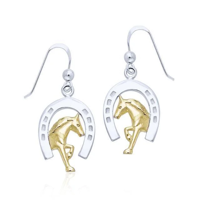 affordable diamond earrings for women -Declared strength and virtue of a Friesian Horse ~ Sterling Silver Horseshoe Hook Earrings Jewelry with 14k Gold Accent MER537