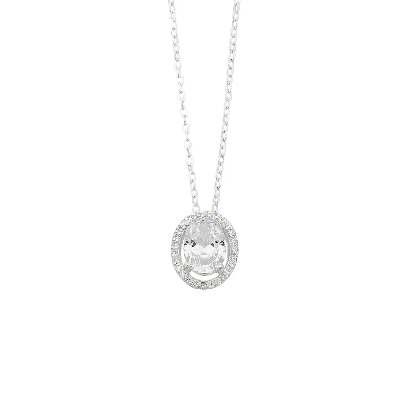 sapphire necklaces for women -Sterling Silver Oval and Halo Surrounded Cubic Zirconia Necklace