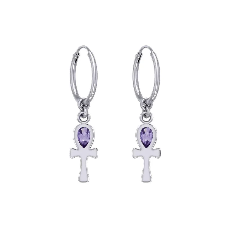 silver dangle earrings for women -The cross of life ~ Sterling Silver Ankh Hoop Earrings with Gemstone TER2087