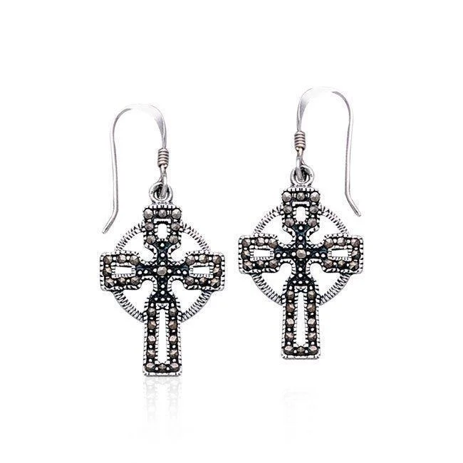 silver earrings for women -Celtic Cross with Marcasite Sterling Silver Earrings VE060