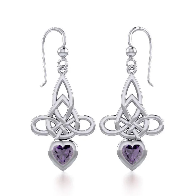 geometric stud earrings for women -Celtic Witches Knot Silver Earrings with Heart Gemstone TER1830