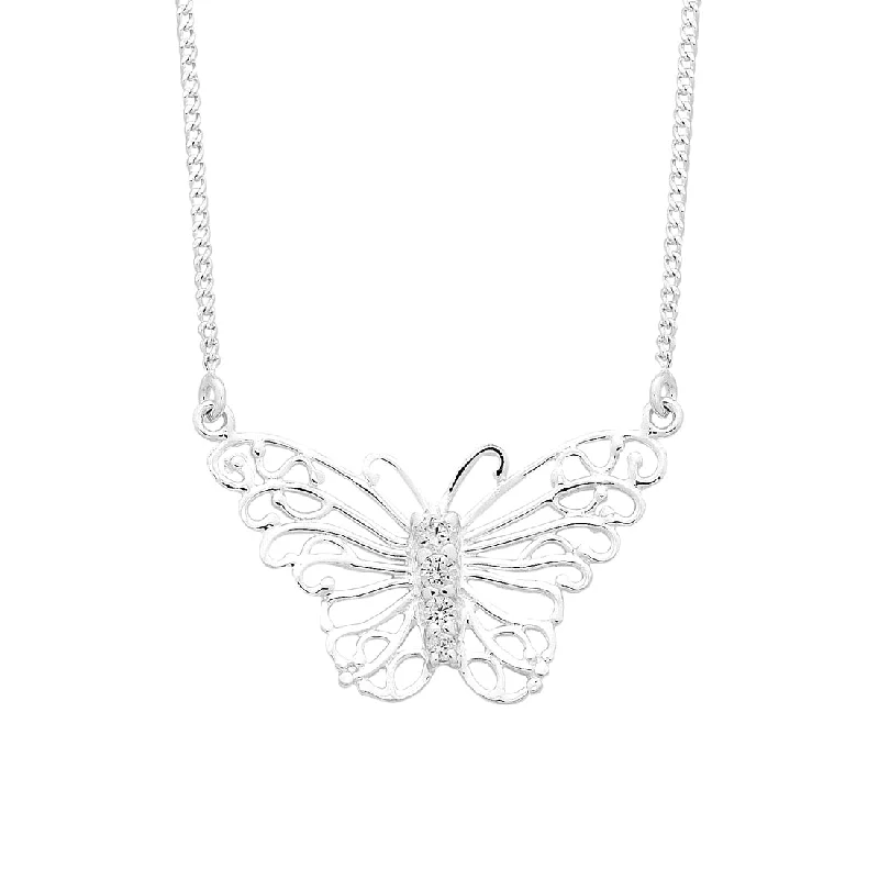 designer necklaces for women -Sterling Silver Filigree Butterfly Cubic Zirconia Necklace