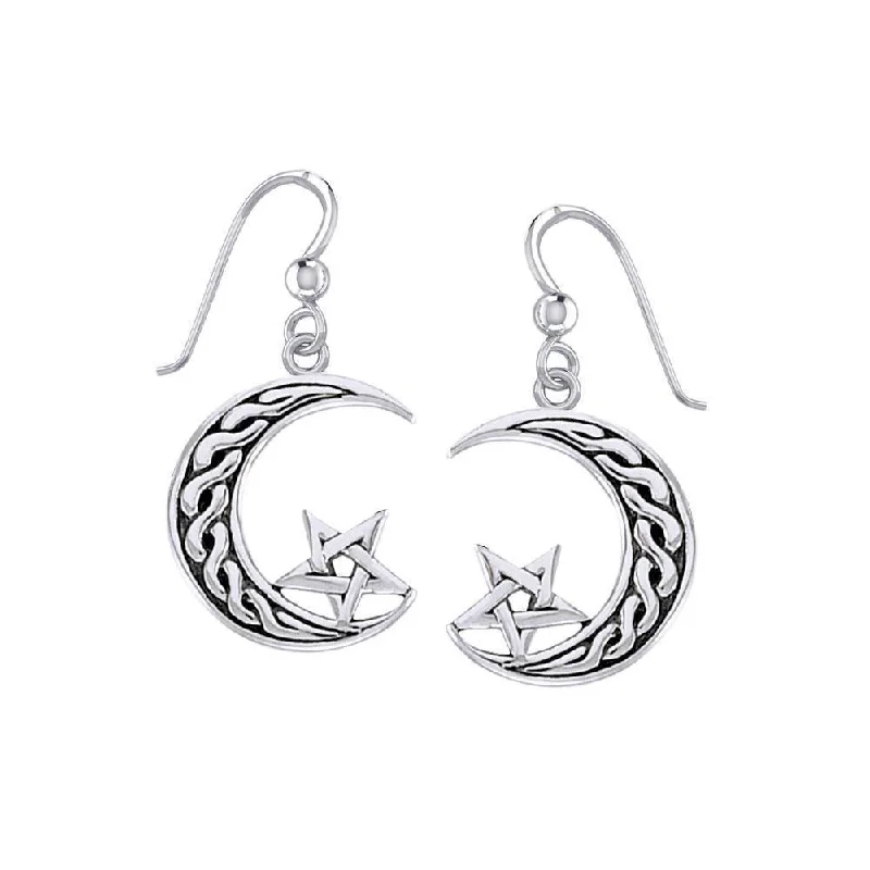 sparkling hoop earrings for women -The Star on Celtic Crescent Moon Silver Earrings TER1852