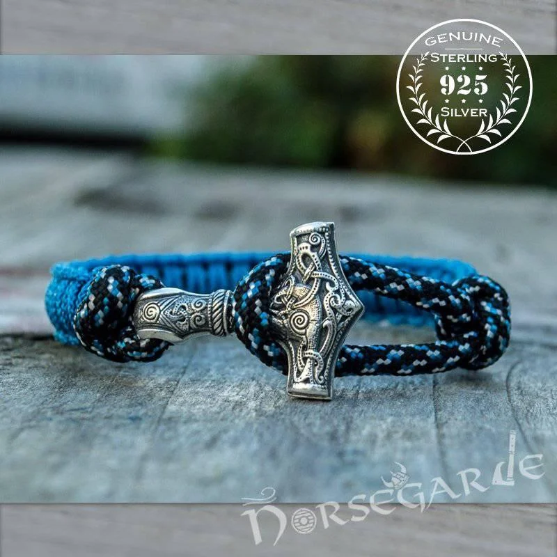 simple bracelets for women -Handcrafted Ocean Paracord Bracelet with Mjölnir - Sterling Silver