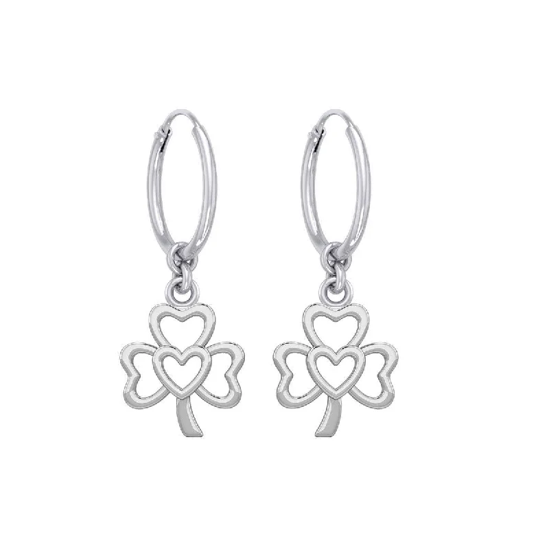 chic earrings for women -Modern Shamrock with Heart Silver Hoop Earrings TER2109