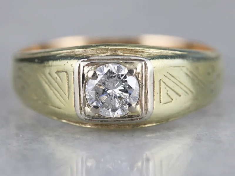 mixed metal engagement rings -1930s Engraved Side Two Tone Mens Diamond Ring