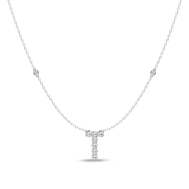 double chain necklaces for women -Brilliant Claw Initial T Slider Necklace with 0.40ct of Laboratory Grown Diamonds in Mirage Sterling Silver and Platinum