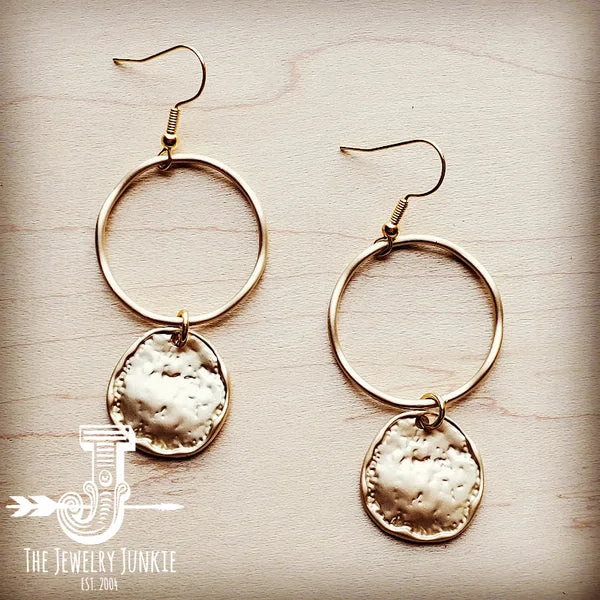 creative earrings for women -Matte Gold Hoop Earrings with Coin Dangle