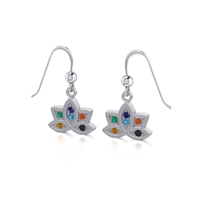 mixed metal earrings for women -Lotus with Chakra Gemstone Silver Earrings TER1658