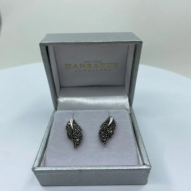 studded earrings for women -Leaf Drop Marcasite Earrings - Sterling Silver