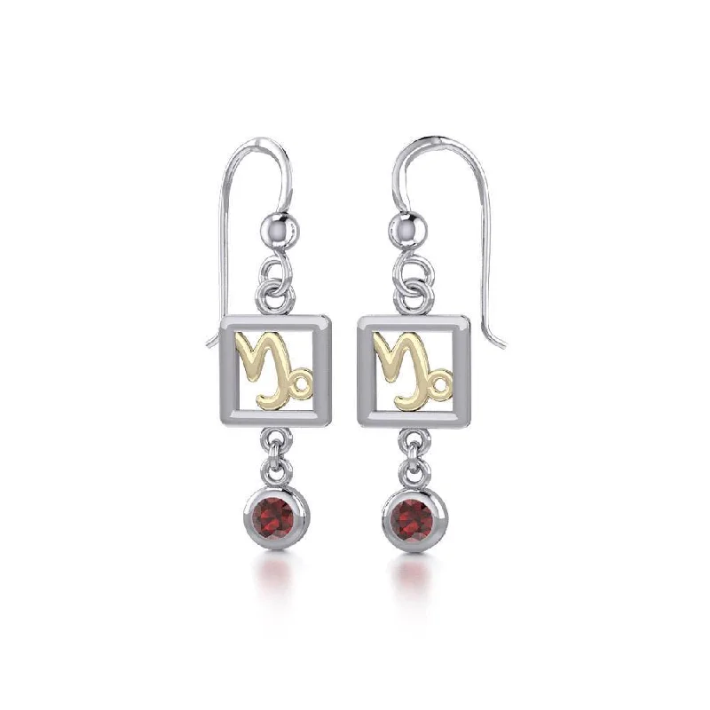 handmade gemstone earrings -Capricorn Zodiac Sign Silver and Gold Earrings Jewelry with Garnet MER1766