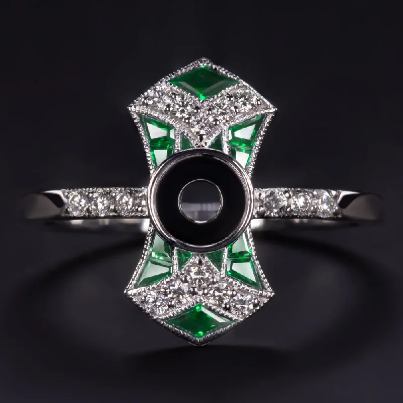 engagement rings with side stones -GREEN EMERALD DIAMOND RING SETTING ROUND GEOMETRIC ART DECO VINTAGE SEMI MOUNT