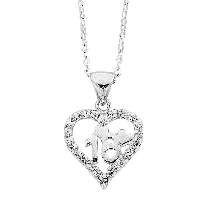 fashion-forward necklaces for women -45cm Sterling Silver 18th Birthday Heart Pendant Necklace with Cubic Zirconias