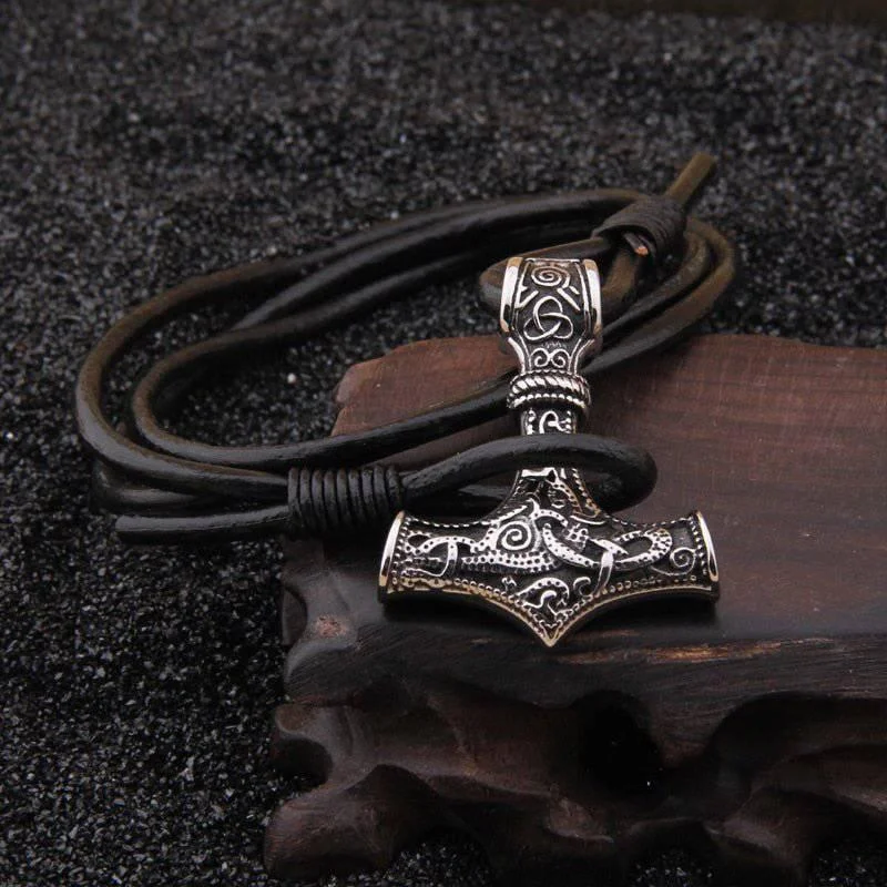 women’s friendship bracelets -Thor's Hammer Leather Rope Bracelet - Stainless Steel