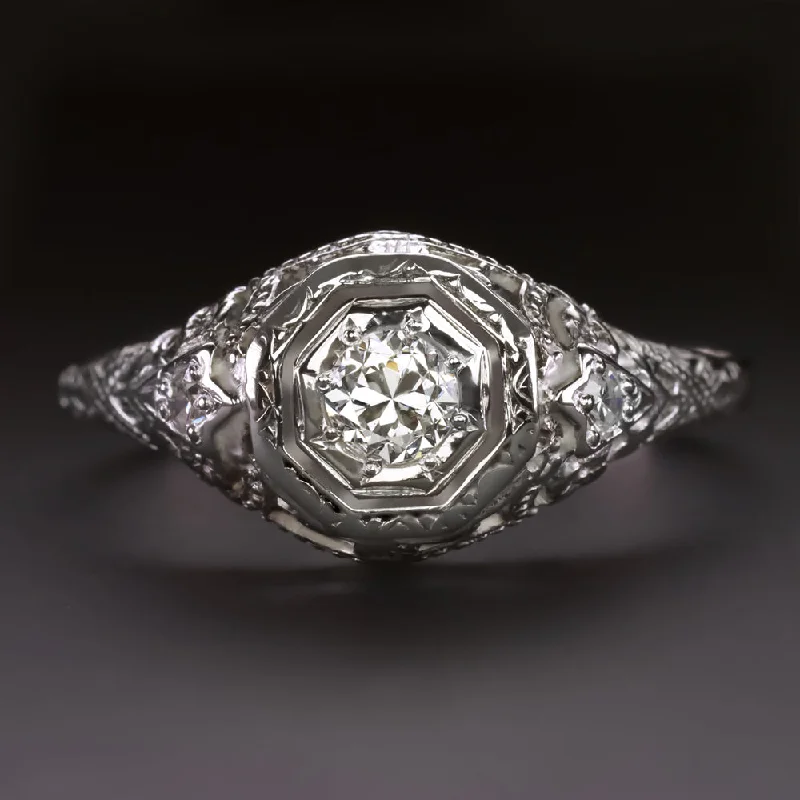 women’s engagement ring sets -ART DECO DIAMOND RING OLD EUROPEAN CUT F SI1 VINTAGE FILIGREE 14k WHITE GOLD