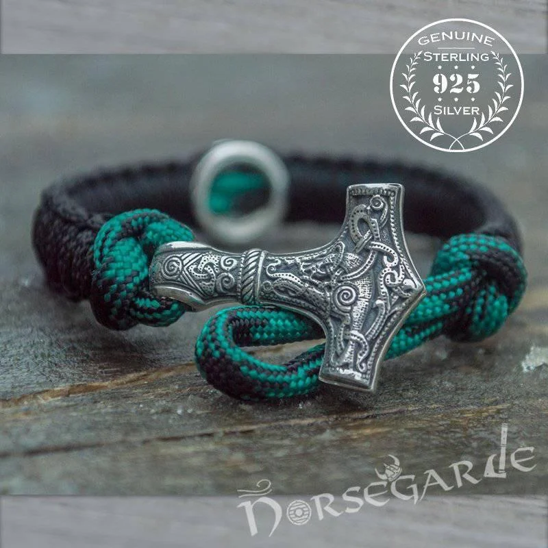 women’s gemstone bracelets -Handcrafted Shaded Paracord Bracelet with Mjölnir and Rune - Sterling Silver