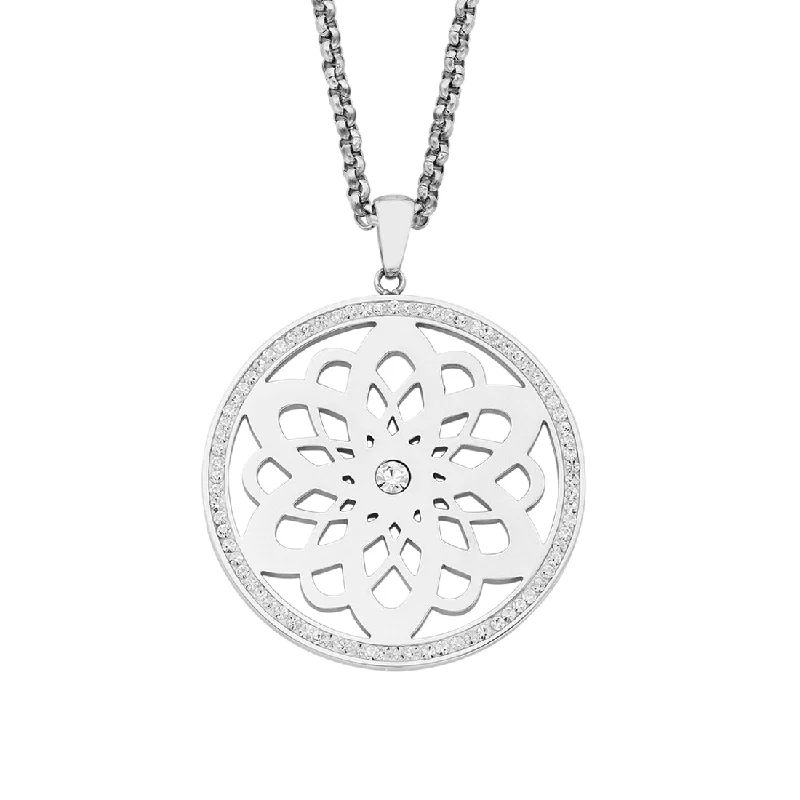 elegant pendant necklaces for women -Stainless Steel Flower Filigree Disc Crystal Necklace