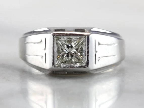 modern engagement rings for women -Vintage Diamond Ring with Crisp Lines in Fine White Gold