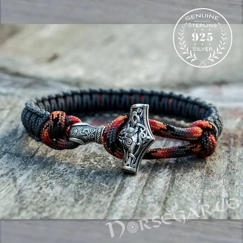 women’s gold bracelets -Handcrafted Gray Paracord Bracelet with Mjölnir - Sterling Silver