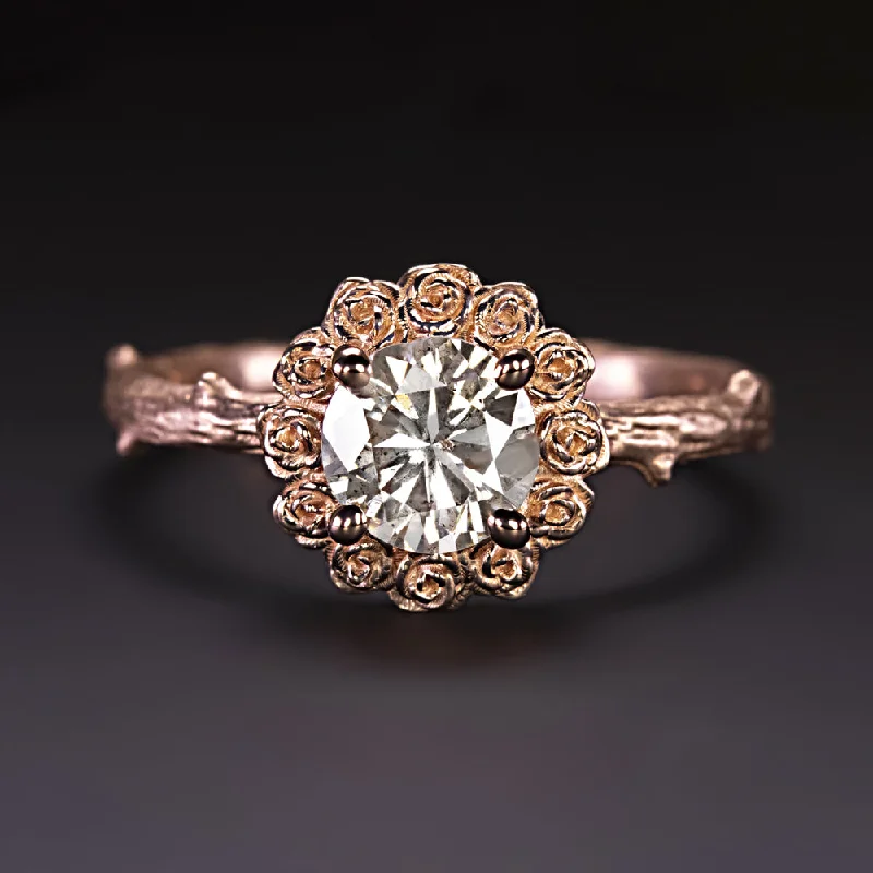 gemstone engagement rings -1 CARAT NATURAL DIAMOND RING FLOWER BOTANICAL 14k ROSE GOLD ROUND CUT SOLITAIRE