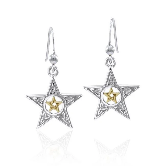 twisted earrings for women -Celtic Triquetra The Star Silver with 14K Gold Accent Earrings MER1571