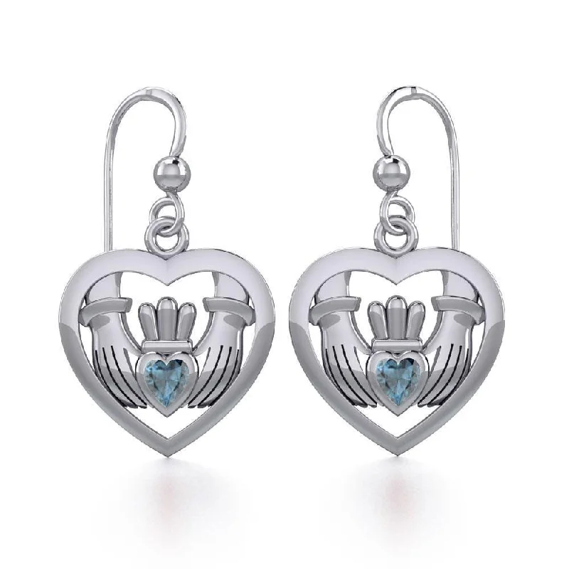 luxury crystal earrings for women -Claddagh in Heart Silver Earrings with Gemstone TER1826