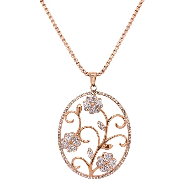 diamond heart necklaces for women -Rose Stainless Steel Pave Crystal Vine & Flowers Necklace