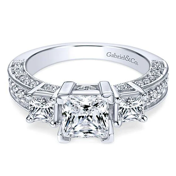 diamond engagement rings for women -3-Stone Pave Set Diamond Ring .71Cttw 14K White Gold 17A