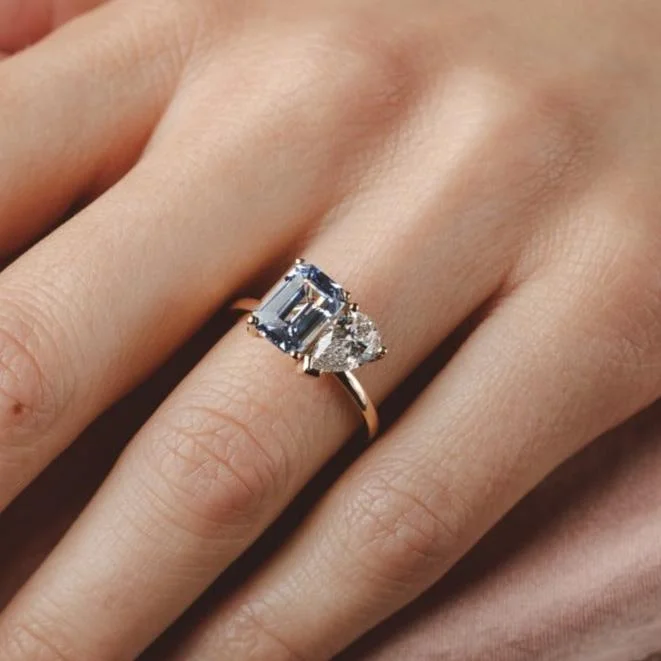 custom gold engagement rings -Lara Toi et Moi Emerald 3ct Ceylon Sapphire and Lab Diamond Ring