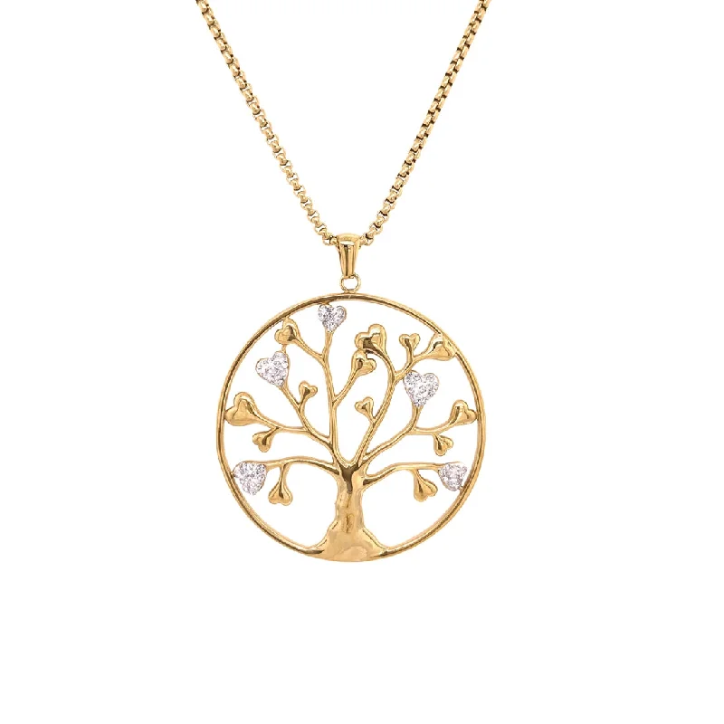 sparkling necklaces for women -Yellow Stainless Steel Crystal Heart Leaf Tree of Life Necklace