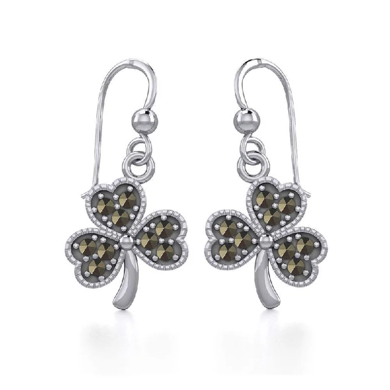 intricate design earrings for women -A young spring of luck and happiness Silver Jewelry Celtic Shamrock Hook Earrings with Marcasite TER1800