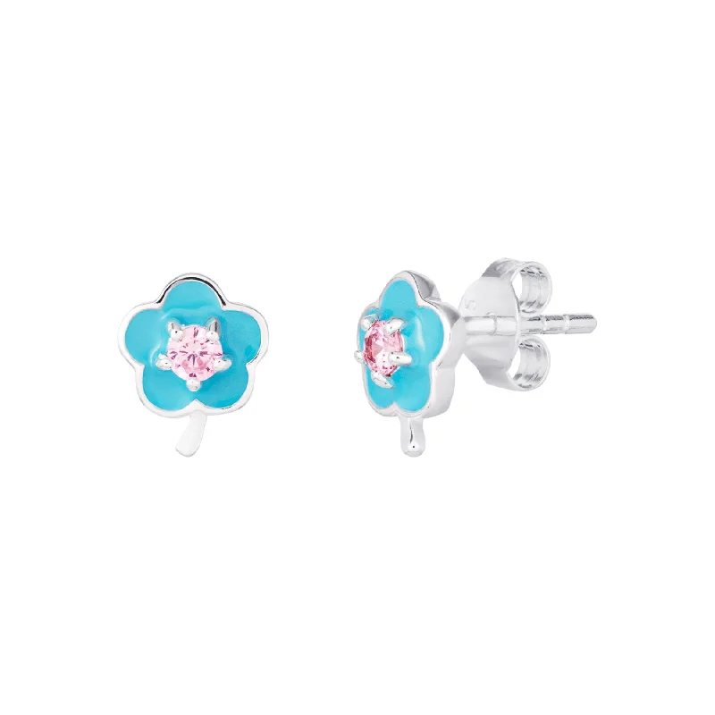 silver hoop earrings for women -Flower/floral blue/pink cz earrings - Sterling Silver