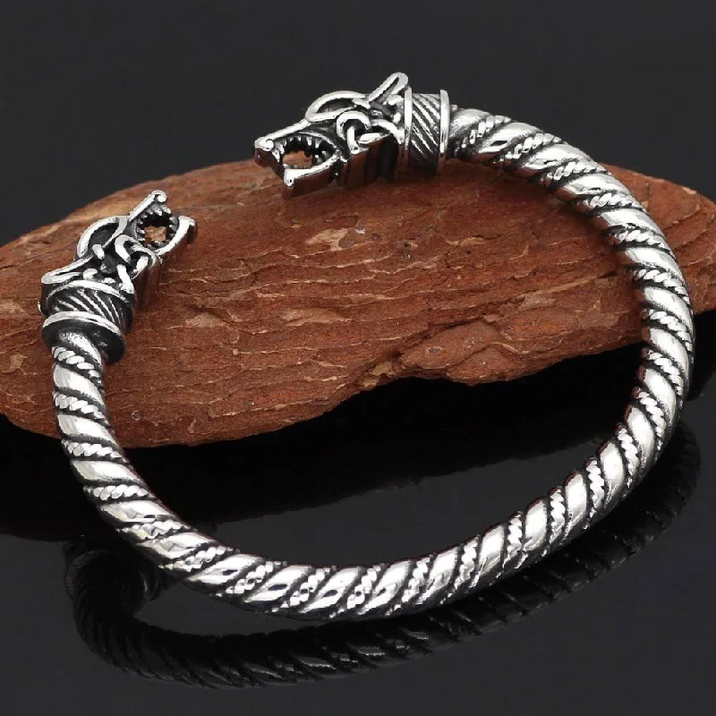 custom bangles for women -Fenrir Wolf Torc Bracelet - Stainless Steel